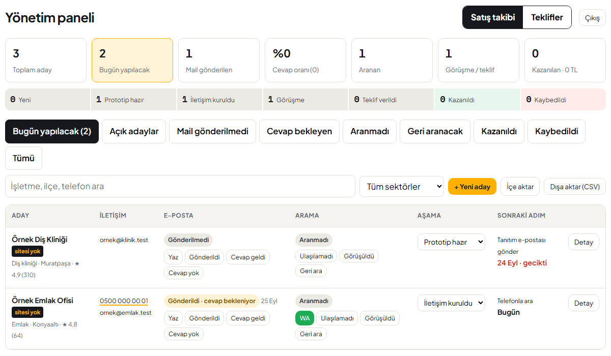 Müşteri takip yazılımından bir ekran (örnek verilerle) · Dijitabela